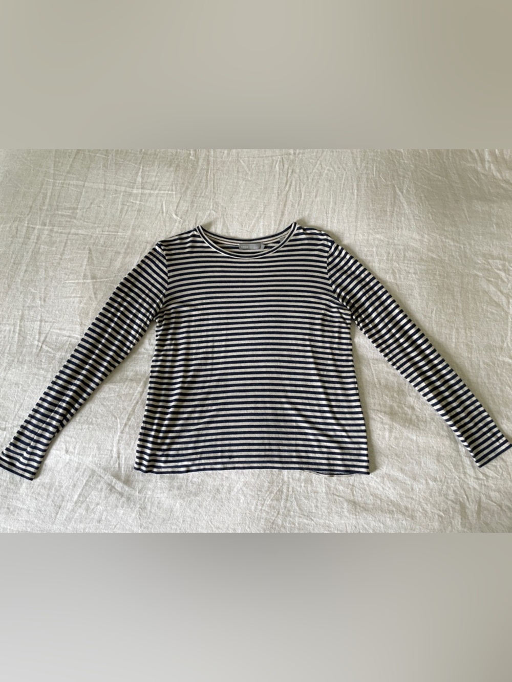 Vince Navy and White Striped Long Sleeve Crew Tee